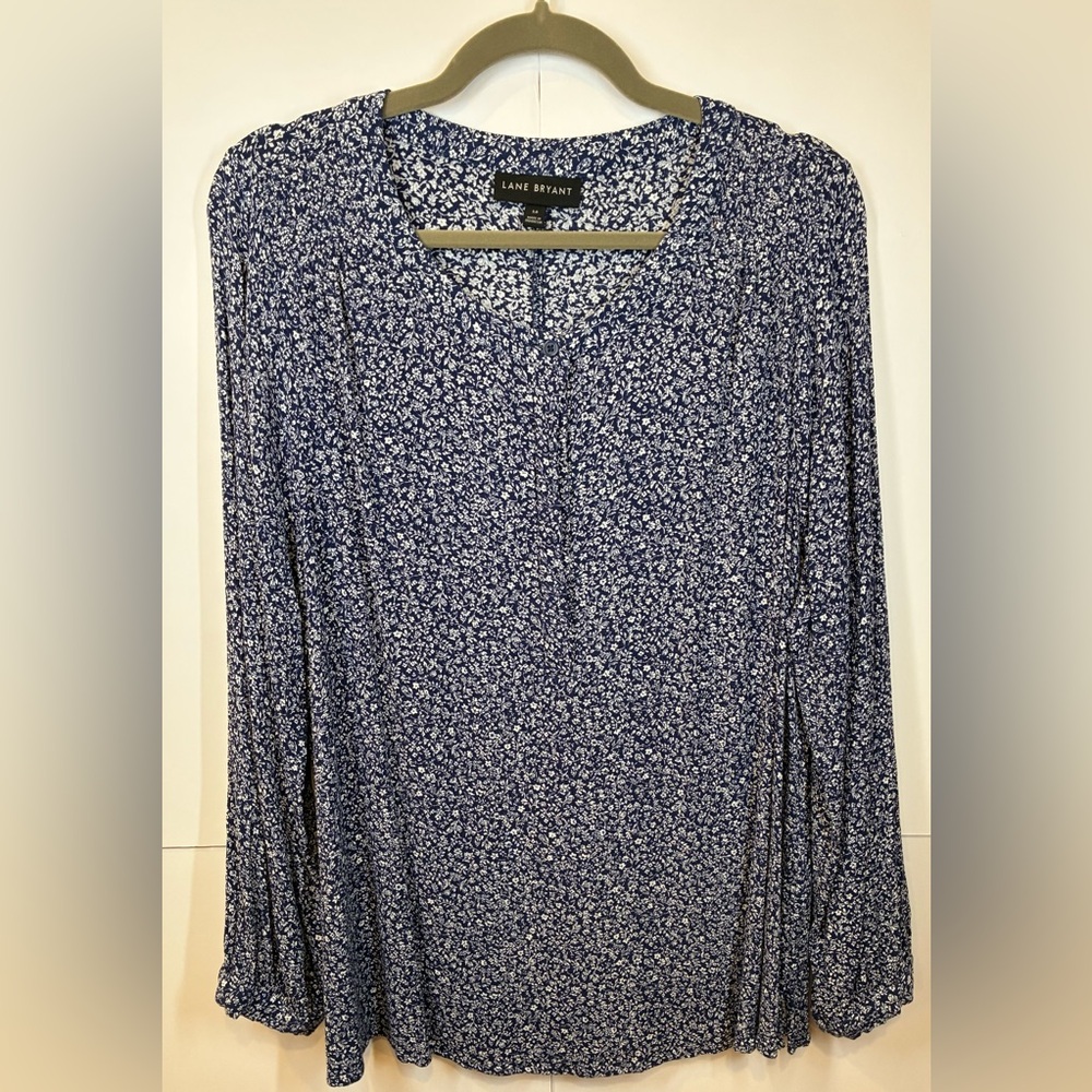 Lane Bryant Size 16 Navy Floral Henley Blouse Long Sleeve Ditsy Print Top